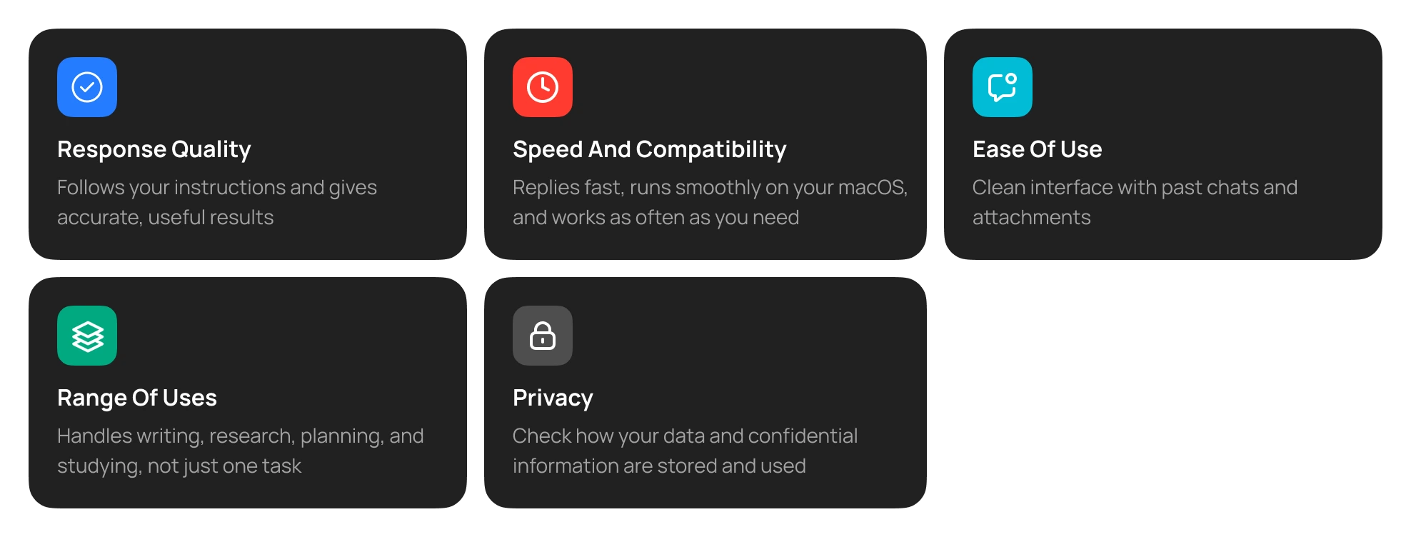 Compare chatbot response quality, speed and macOS compatibility, ease of use, range of uses, and privacy