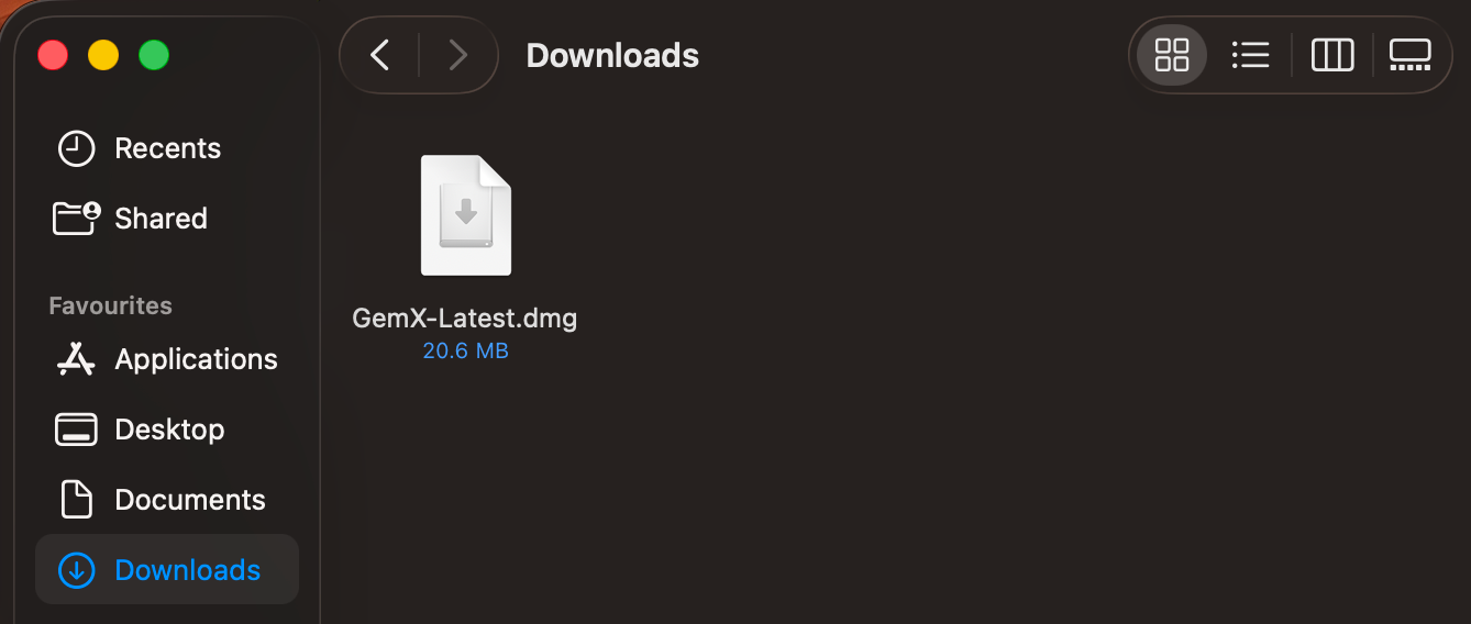 Finder window showing the downloaded GemX .dmg file inside the Downloads folder